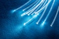 Bundle of optical fibers with lights in the ends. Blue background Royalty Free Stock Photo