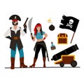 Bundle Pirate. A couple of pirate girls and a guy, different pirate items. Vector illustration