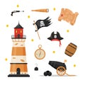 Bundle of pirate items. Lighthouse, flag, hat, spyglass, map. Piracy collection isolated on white background. Childish Royalty Free Stock Photo