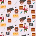 Bundle pirate seamless pattern. Bundle pirate, treasure map, rum, ship wheel, anchor, barrel, bomb
