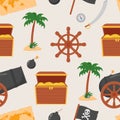 Bundle pirate seamless pattern. Bundle pirate, treasure map, rum, ship wheel, anchor, barrel, bomb