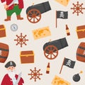 Bundle pirate seamless pattern. Bundle pirate, treasure map, rum, ship wheel, anchor, barrel, bomb