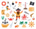 Bundle pirate set in flat hand drawn style. Parrot, ship, treasure, map, sea inhabitants