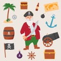Bundle pirate set isolated on white background. Bundle pirate, treasure map, rum, ship wheel, anchor, barrel, bomb