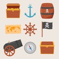 Bundle pirate set isolated on white background. Bundle pirate, treasure map, rum, ship wheel, anchor, barrel, bomb