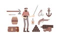 Bundle pirate. A thin corsair with a saber and a dagger in his hands, a barrel, an anchor, a bottle of rum, a chest and