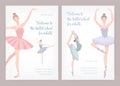 Bundle of poster or flyer templates for ballet school or studio for adults with elegant dancing ballerinas wearing tutu