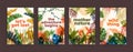 Bundle of poster templates with colorful translucent leaves of tropical jungle plants and inspiring slogans. Set of