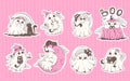 bundle of printed stickers with cute kawaii ghosts and cats. Collection of mystical creatures for decoration. Halloween character