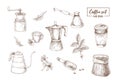 Bundle of realistic drawings of tools for coffee brewing drawn with contour lines on white background - moka pot