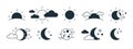 Bundle of rising or setting sun, crescent moon, cloud and stars symbols. Set of day and night time monochrome pictograms