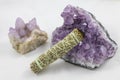 Bundle of Sage with beautiful Spirit Quartz and Amethyst Crystal Royalty Free Stock Photo