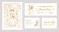 Bundle of Save The Date card, wedding invitation and response note templates with cartoon bride and groom drawn with Royalty Free Stock Photo