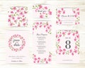 Bundle of Save The Date and RSVP Invitation Card. Greeting card with flax background.