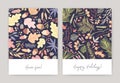 Bundle of seasonal card or postcard templates with autumn fallen leaves, acorns, coniferous tree branches, berries, fir