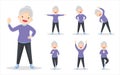 Bundle set of elderly woman on exercise various actions