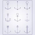 bundle and set of nautical anchor icon symbol for tattoo style logo simple line art vector illustration design, variation of