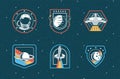 bundle of six space patches set icons in blue background Royalty Free Stock Photo