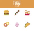 bundle of six street fast food set icons and lettering Royalty Free Stock Photo