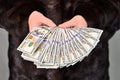 A bundle of splayed one hundred dollar bills in the hands of a Caucasian woman dressed in a mink coat. No face. Close-up from a Royalty Free Stock Photo