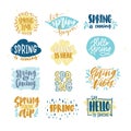 Bundle of spring lettering or inscriptions written with creative fonts and decorated by seasonal elements. Set of