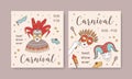 Bundle of square card or party invitation templates with traditional Venetian masks and costumes for carnival, Mardi