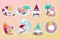 Bundle of stickers with cartoon gnomes on the beach and in the pool. Leprechauns play ball, swim, dive, surf, drink cocktails,