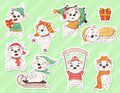 Bundle of stickers with cute cartoon new year polar bears in winter clothes with christmas tree, skating, sledding, catching