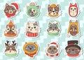 Bundle of stickers of cute Christmas cat head in knitted hats with pom-poms and scarves, top hat with holly, star glasses, deer