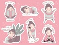 Bundle of stickers with a cute girl in a voluminous ugly hygge sweater. Happy character in winter cozy clothes rejoices in