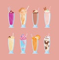 Bundle of tasty milkshakes in glasses with straws. Collection of creamy delicious cocktails decorated with fruits