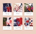 Bundle of textured card or postcard templates with handwritten wishes and abstract hand drawn textures with colorful