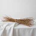 A bundle of thin, dried branches tied together with twine rests on a draped white cloth Royalty Free Stock Photo