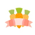 A bundle of three orange carrots with green leaves. Pink ribbon. Template for postcard. Easter rabbit food. Simple flat cartoon st