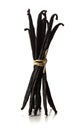 Bundle of tied, dried bourbon vanilla beans or pods standing over white background