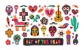 Bundle of traditional Day of The Dead decorations isolated on white background - Mexican sugar skulls, Catrina`s face Royalty Free Stock Photo