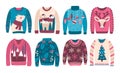 Bundle of ugly Christmas sweaters or jumpers isolated on white background. Collection of odd or strange seasonal woolen