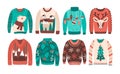 Bundle of ugly Christmas sweaters or jumpers isolated on white background. Set of seasonal knitted warm winter clothing