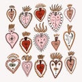Bundle of vector mystical groovy vintage whimsical doodle sacred hearts. Valentines love characters. Hand-drawn sketchy
