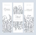 Bundle of vertical banner, label or tag templates with gorgeous woodland lily of the valley blooming flowers and place