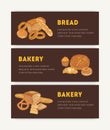 Bundle of web banner templates with different breads, sweet delicious pastry and place for text. Hand drawn vector