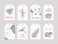 Bundle of winter holiday label or tag templates decorated with seasonal plants hand drawn with contour lines on white Royalty Free Stock Photo