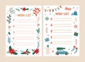 Bundle of wish list templates decorated by traditional seasonal Christmas decorations - snowman, garland, holly berries