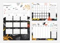 Bundle of 2019 year calendar, monthly and weekly planner and to-do-list templates with colorful smears, paint traces