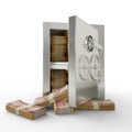 Bundles of Afghan Afghanis in Steel safe box. 3D rendering of stacks of money inside metallic vault isolated on white background,