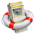 Bundles of 100 Danish krona money banknotes in lifesaver buoy