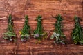 Bundles of flavoured herbs drying on the open air. Nature background