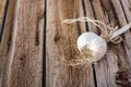 Bundles of fresh garlic dried on vintage wooden table