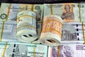 Bundles, rolls, stacks and piles of Egyptian money currency cash banknotes rolled up with rubber bands in different bill values of