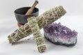 Bundles of Sage with a beautiful Amethyst Crystal and singing bowl Royalty Free Stock Photo
